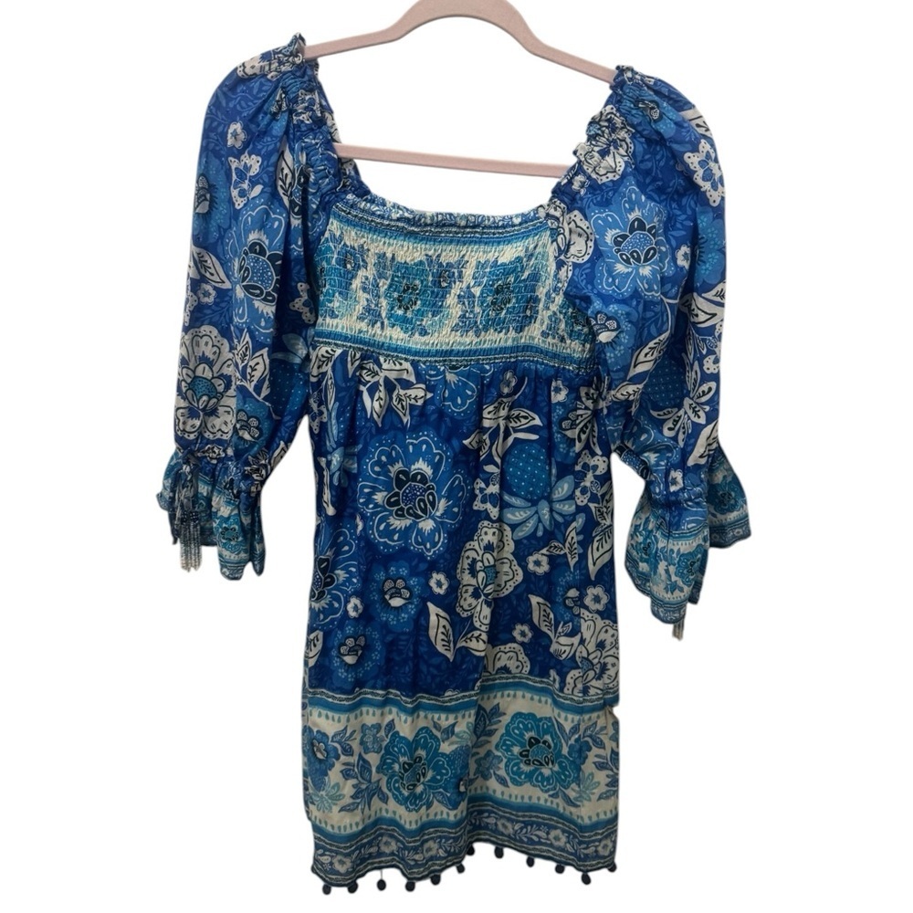 Farm Rio Blue Full of Flowers Smocked Tassel Mini Dress Size XS - Picture 2 of 5